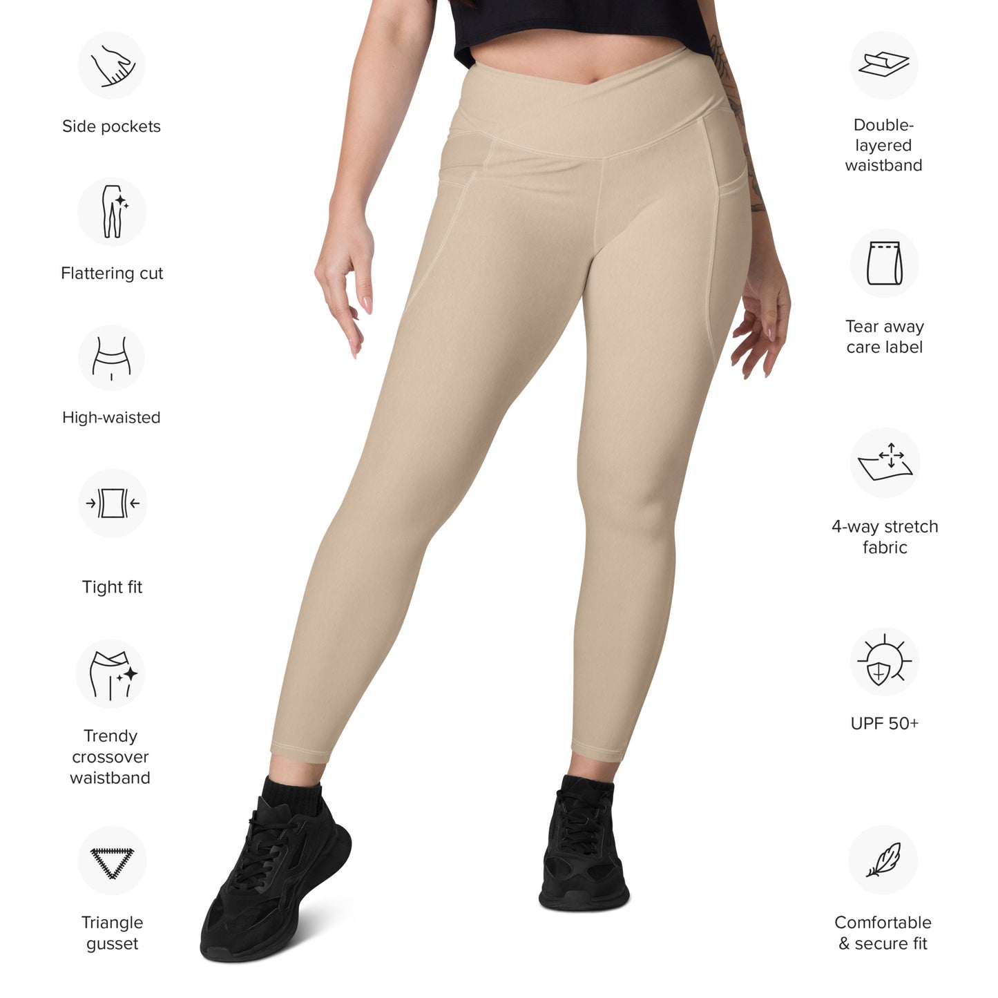 V-Bund -Leggings mit Taschen -Beige