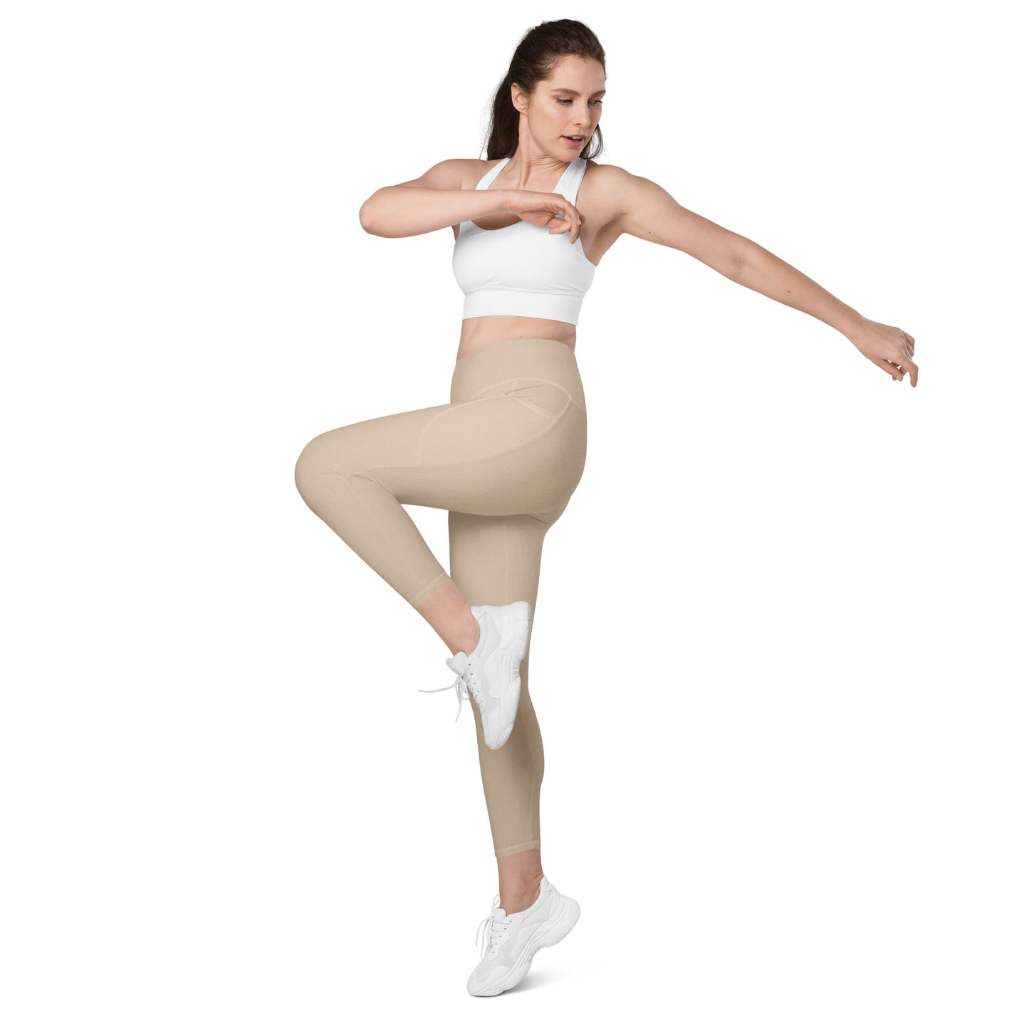 V-Bund -Leggings mit Taschen -Beige