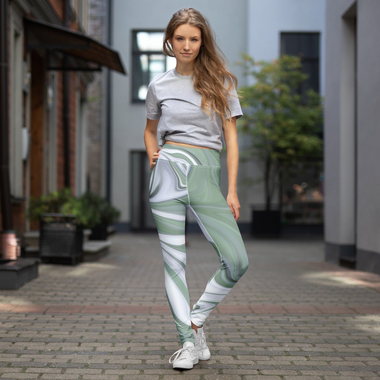 High-Waist-Leggins Grün Weiß Muster