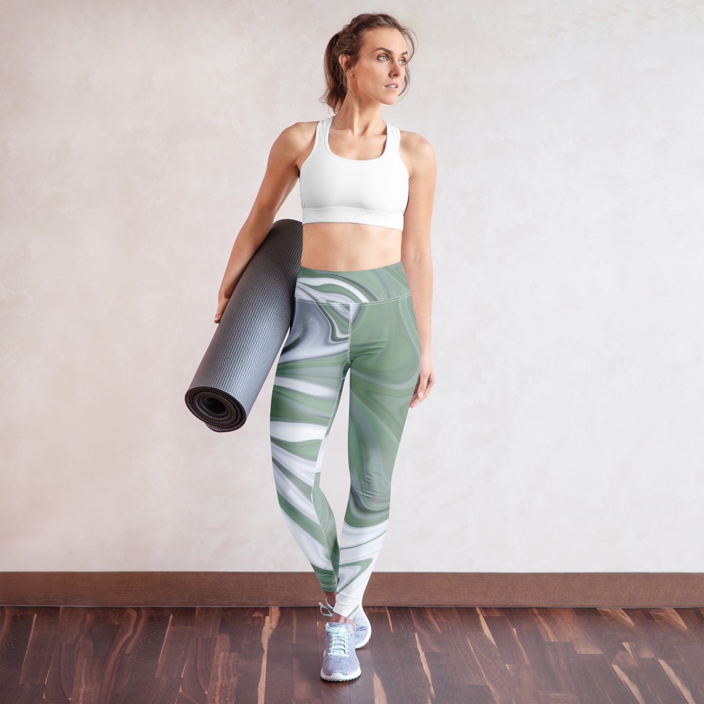 High-Waist-Leggins Grün Weiß Muster