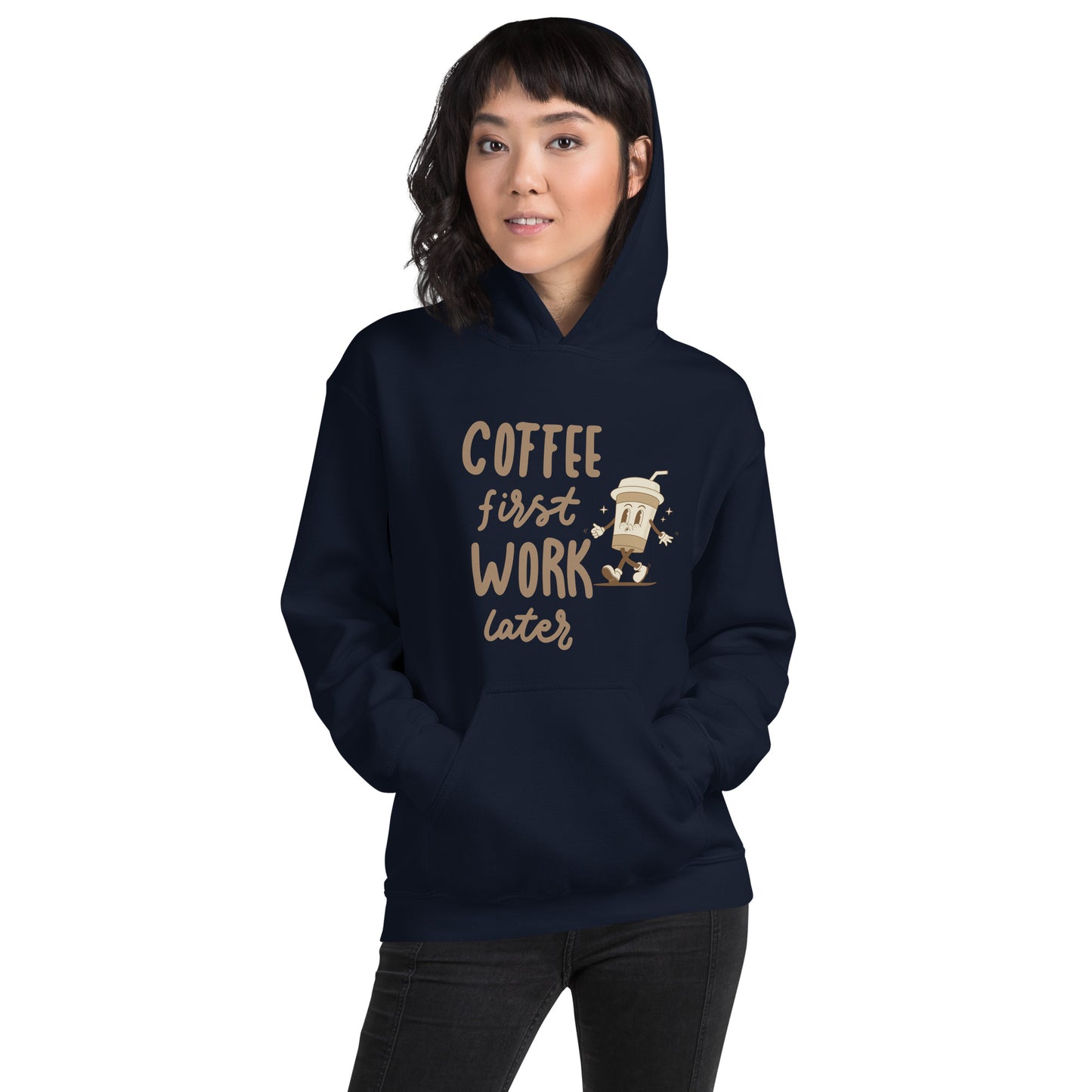 Unisex-Kapuzenpullover- Coffee first work later