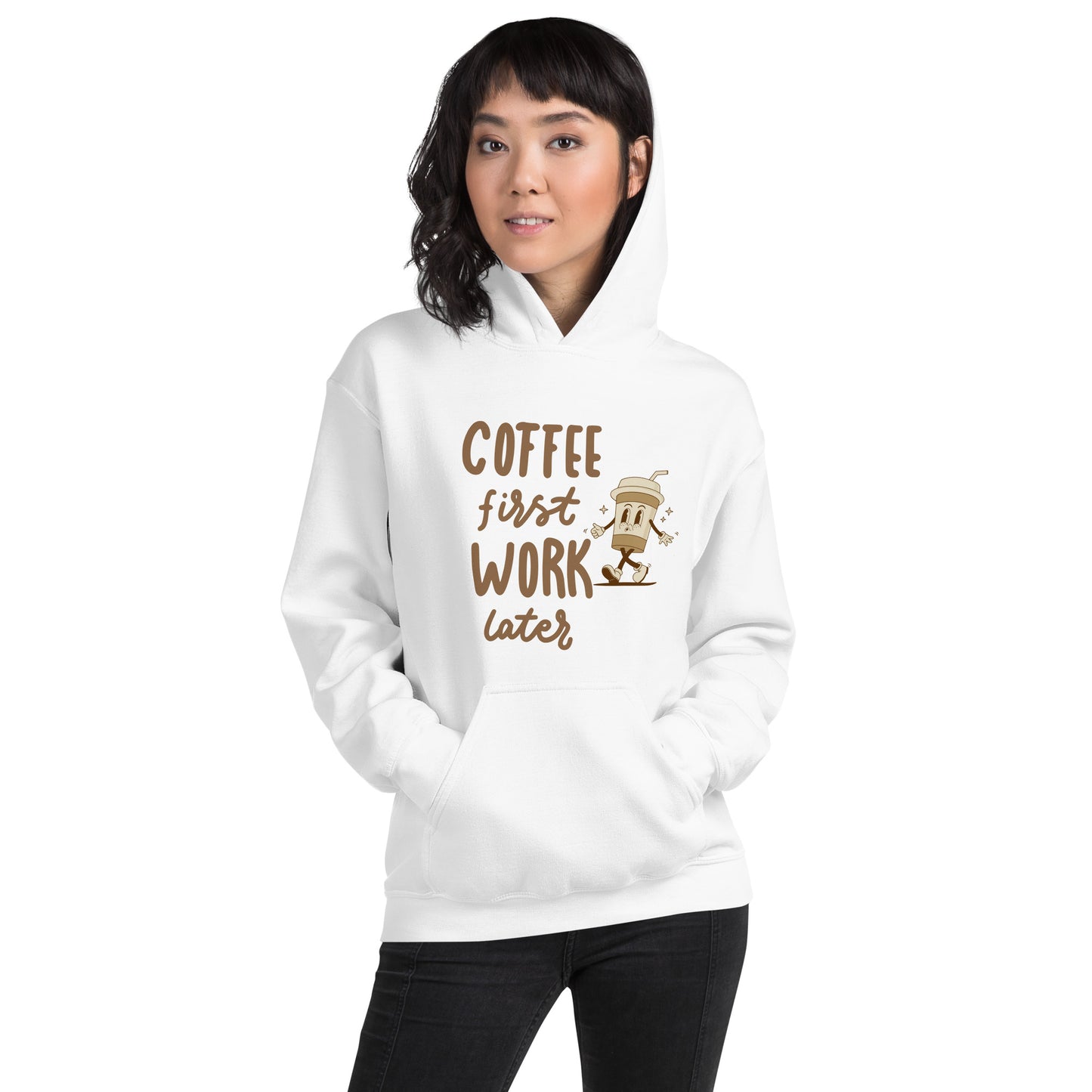 Unisex-Kapuzenpullover- Coffee first work later