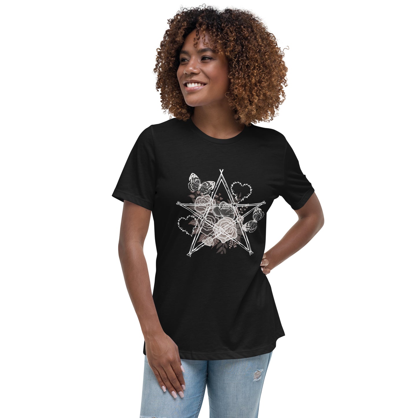 Damen T-Shirt mit Stacheldraht-Stern & Rosen – Gothic Floral Design – Lockerer Fit aus 100 % Baumwolle