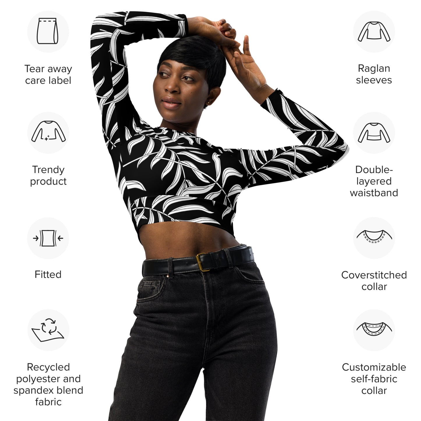 Recyceltes Langarm Crop - Floral schwarz/weis
