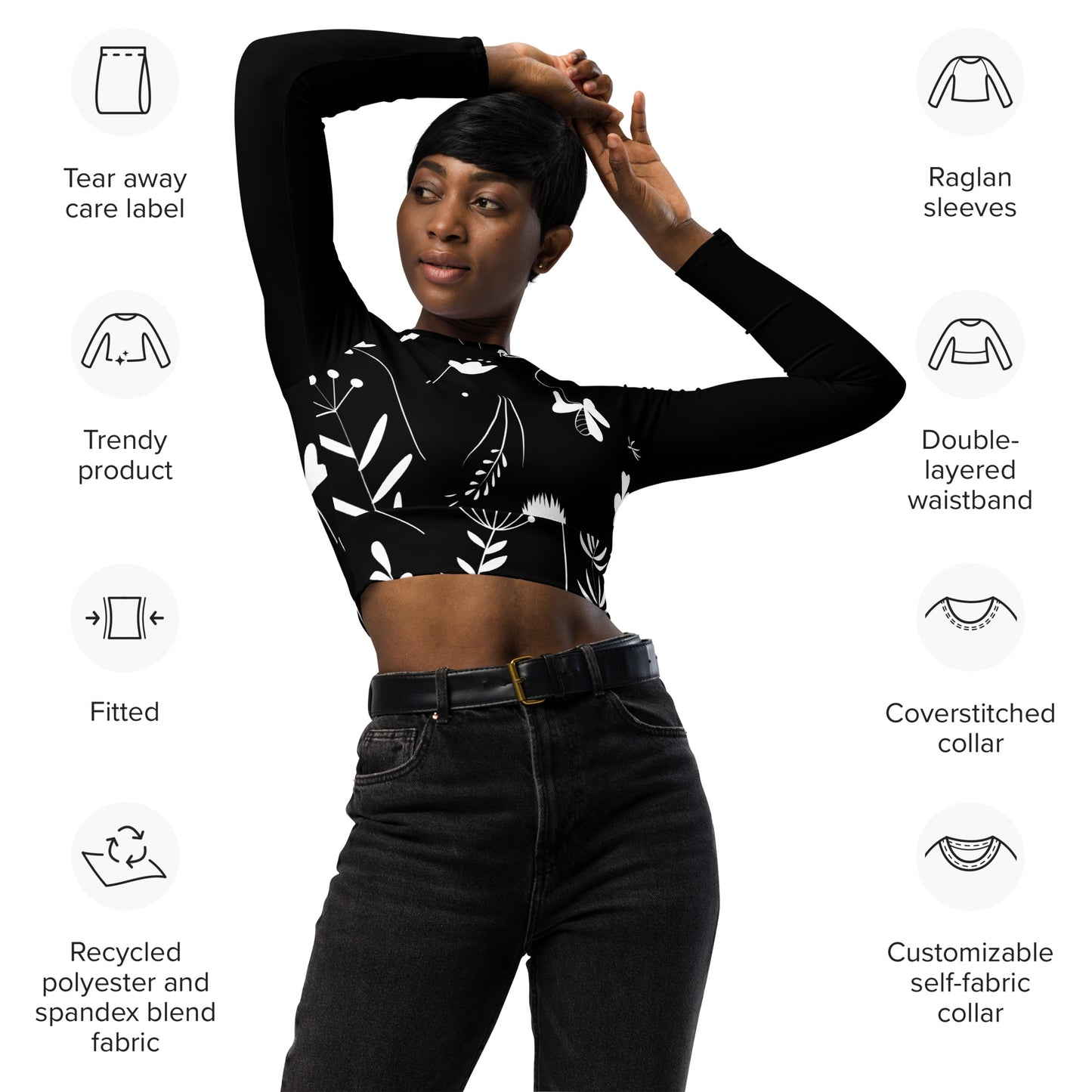 Recyceltes Langarm Crop Top mit Blumen Design