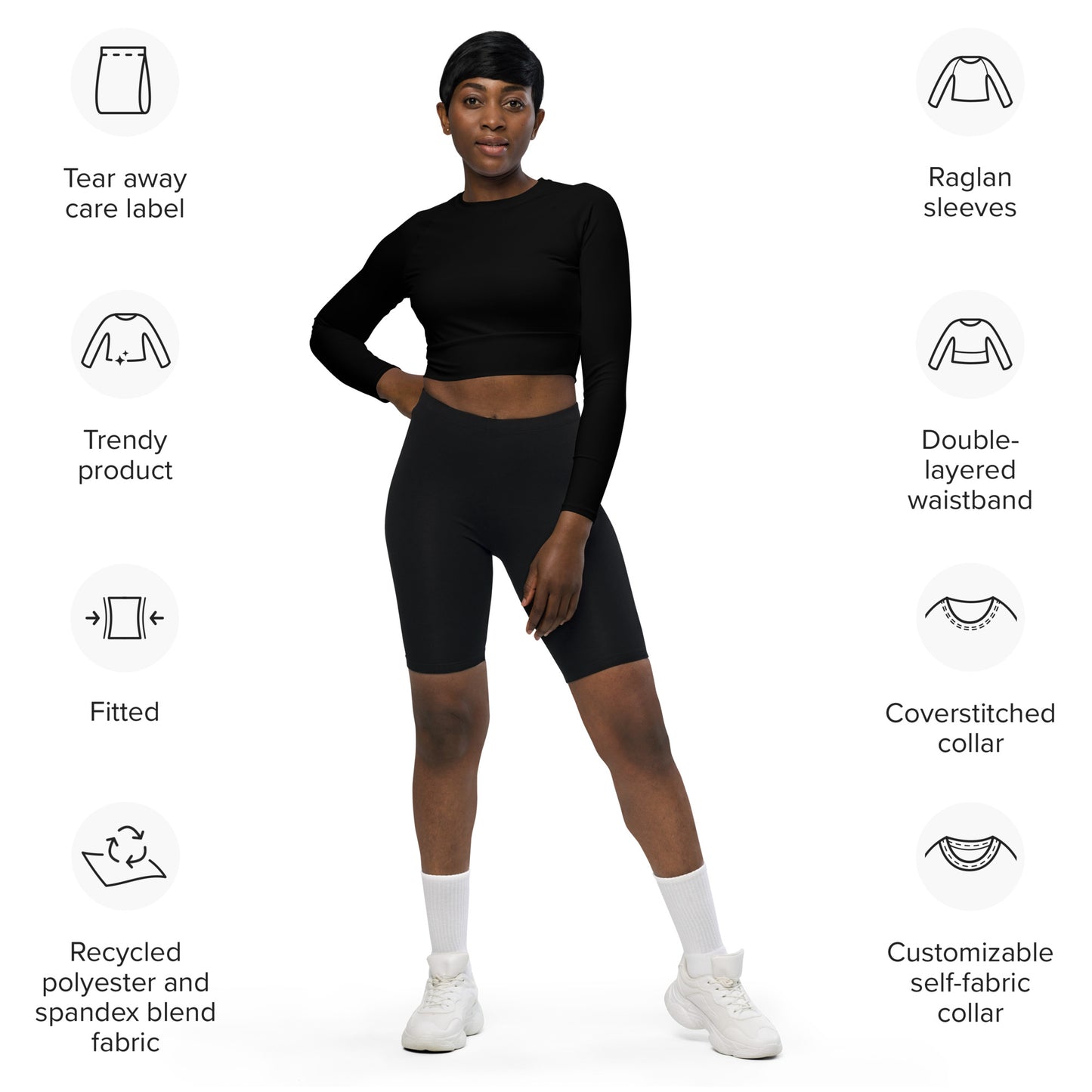 Recyceltes Langarm Crop Top - Basic schwarz