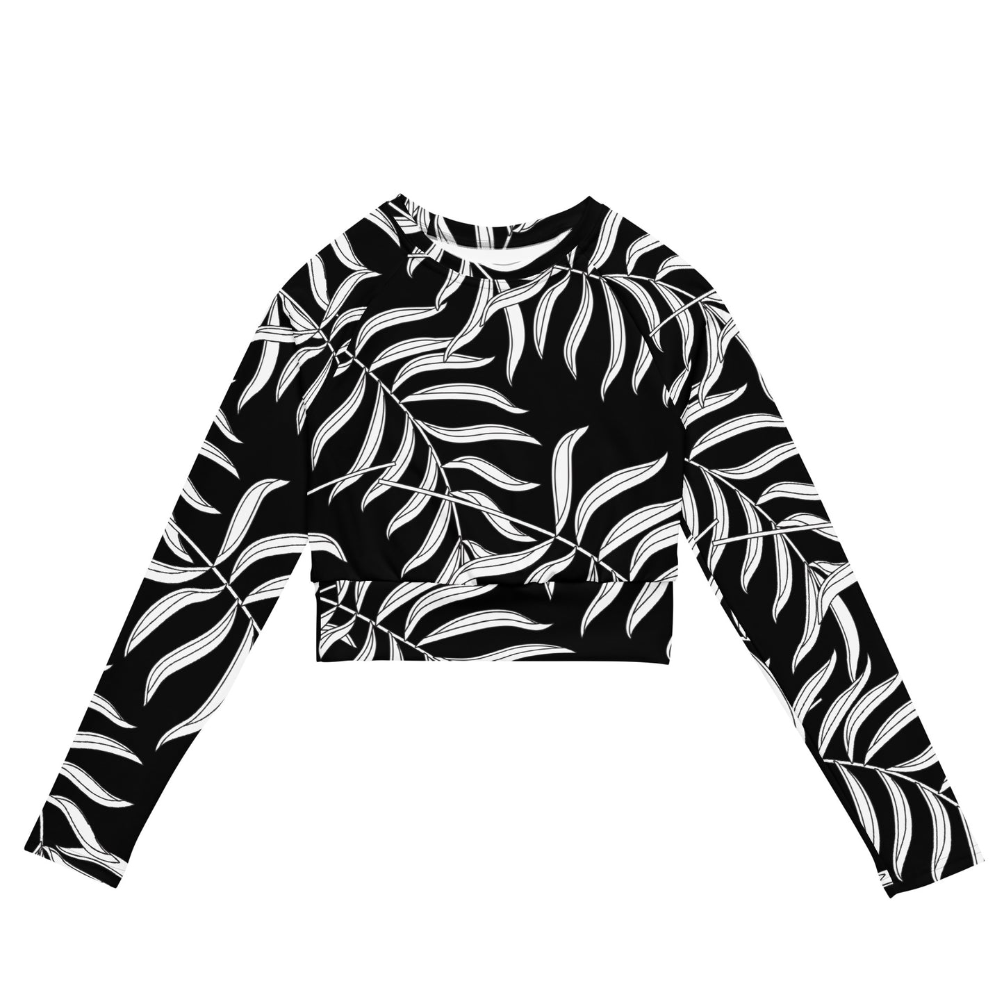 Recyceltes Langarm Crop - Floral schwarz/weis