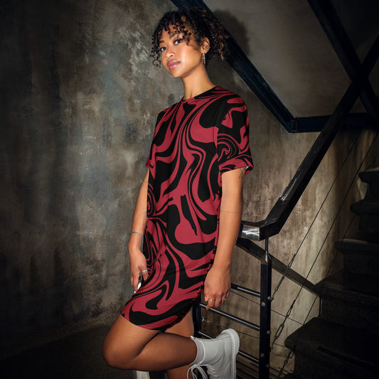 T-Shirt-Kleid - rot schwarz Allover Print
