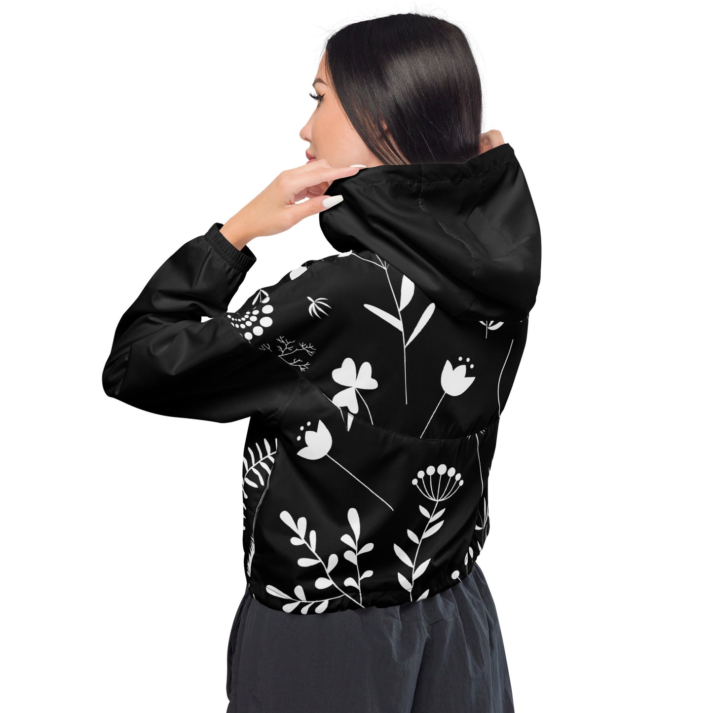 Damen-Cropped Windbreaker schwarz/weiß Blumen Print