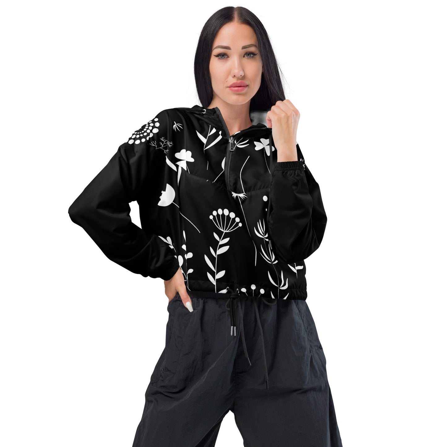 Damen-Cropped Windbreaker schwarz/weiß Blumen Print