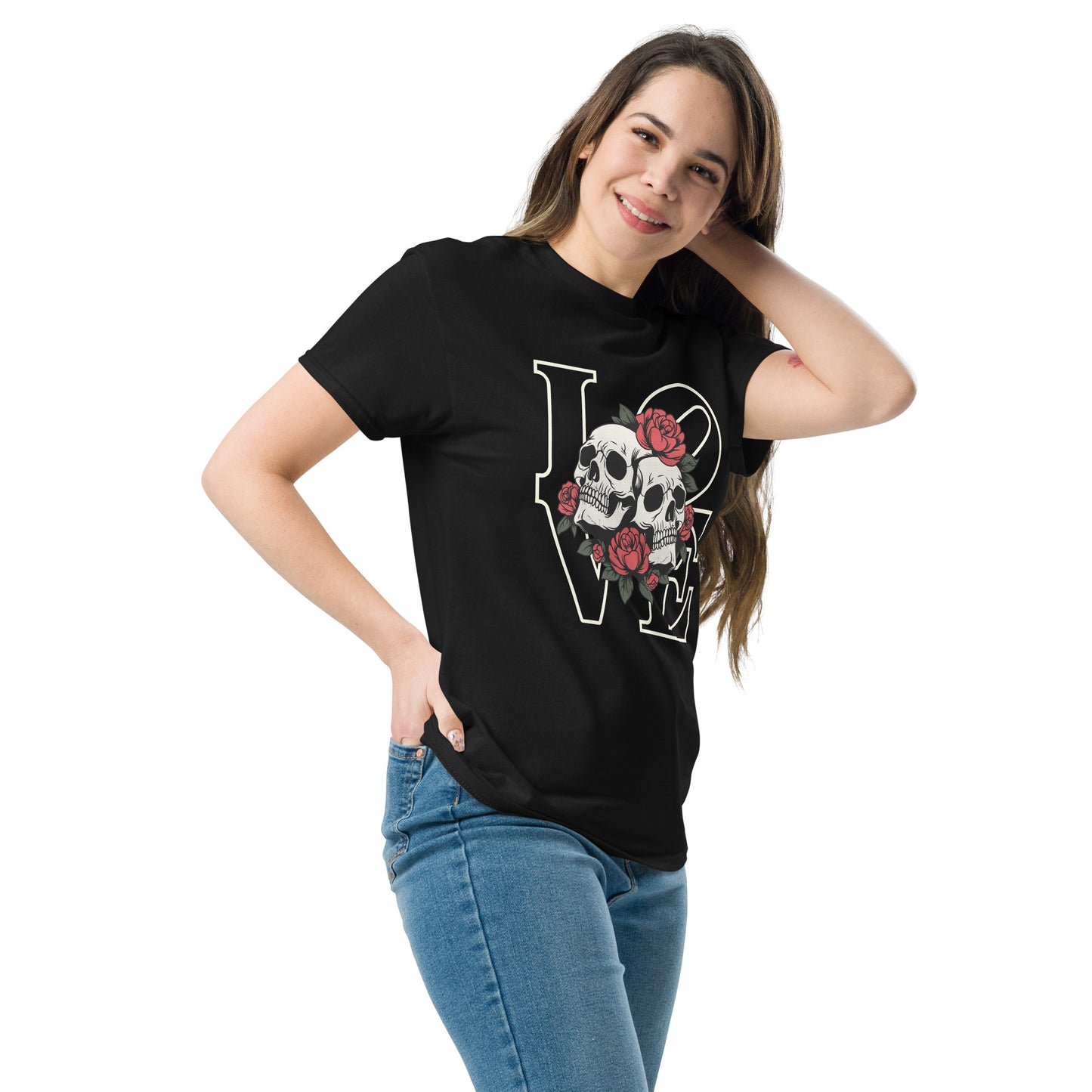 Unisex T-Shirt mit Totenkopf & Rosen – LOVE Design – Rockiger Streetwear Look aus 100 % Baumwolle