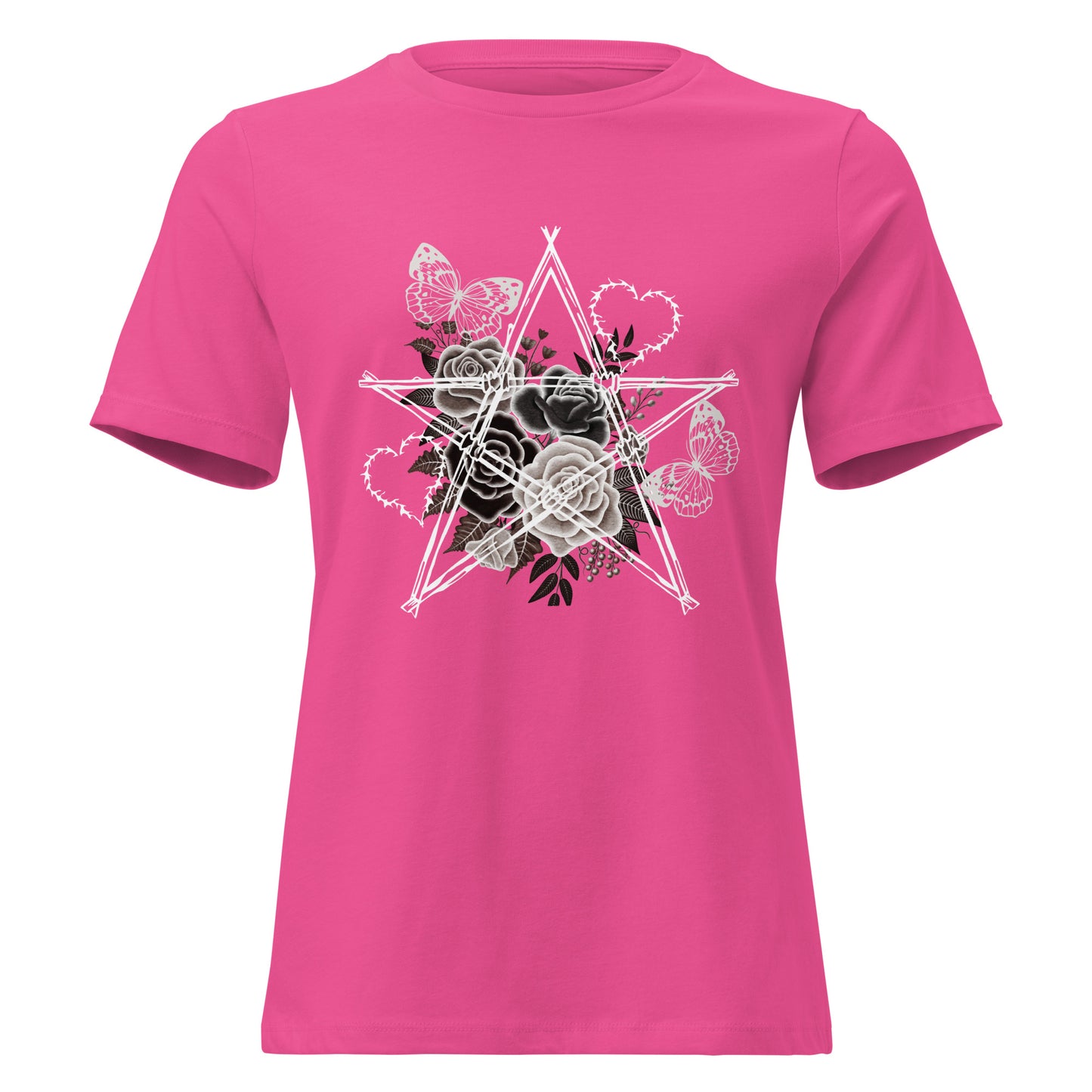 Damen T-Shirt mit Stacheldraht-Stern & Rosen – Gothic Floral Design – Lockerer Fit aus 100 % Baumwolle