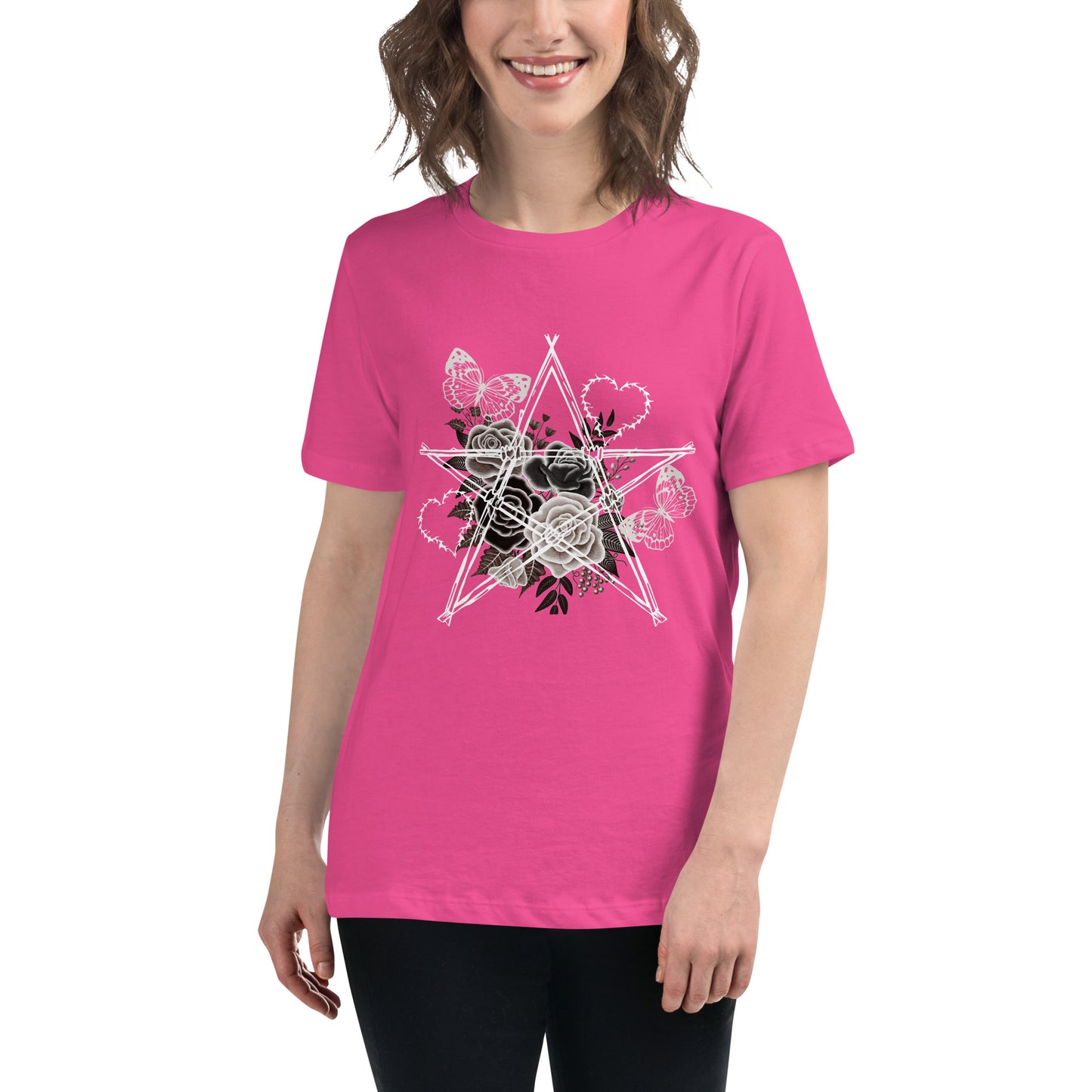 Damen T-Shirt mit Stacheldraht-Stern & Rosen – Gothic Floral Design – Lockerer Fit aus 100 % Baumwolle
