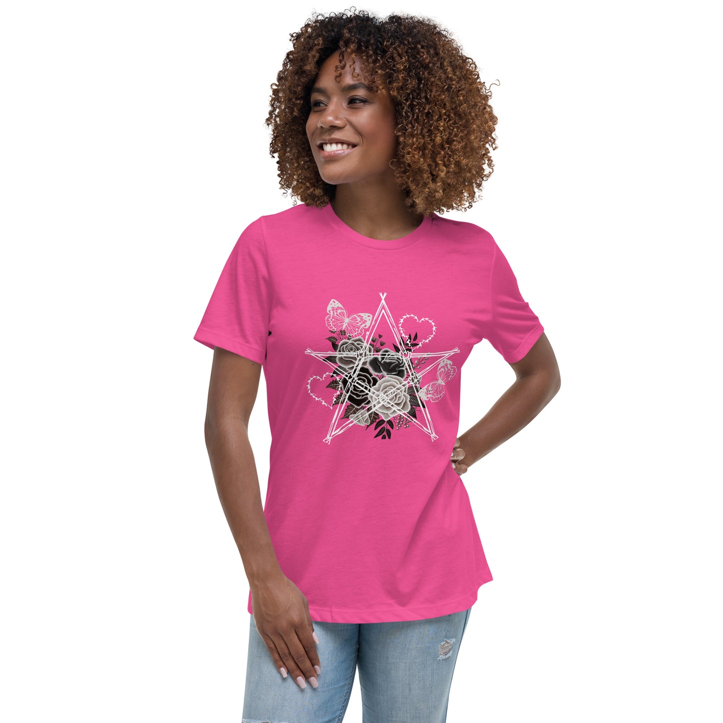 Damen T-Shirt mit Stacheldraht-Stern & Rosen – Gothic Floral Design – Lockerer Fit aus 100 % Baumwolle