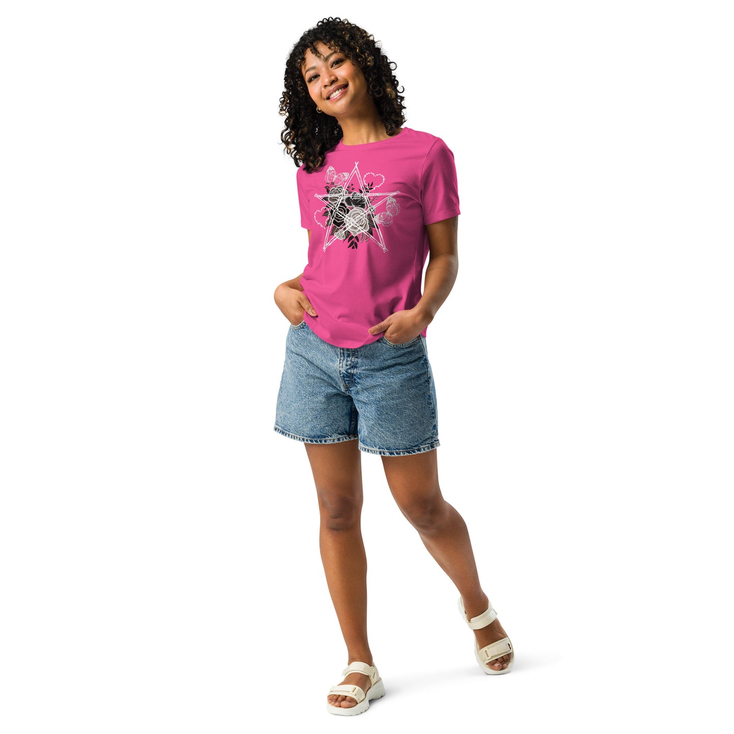 Damen T-Shirt mit Stacheldraht-Stern & Rosen – Gothic Floral Design – Lockerer Fit aus 100 % Baumwolle