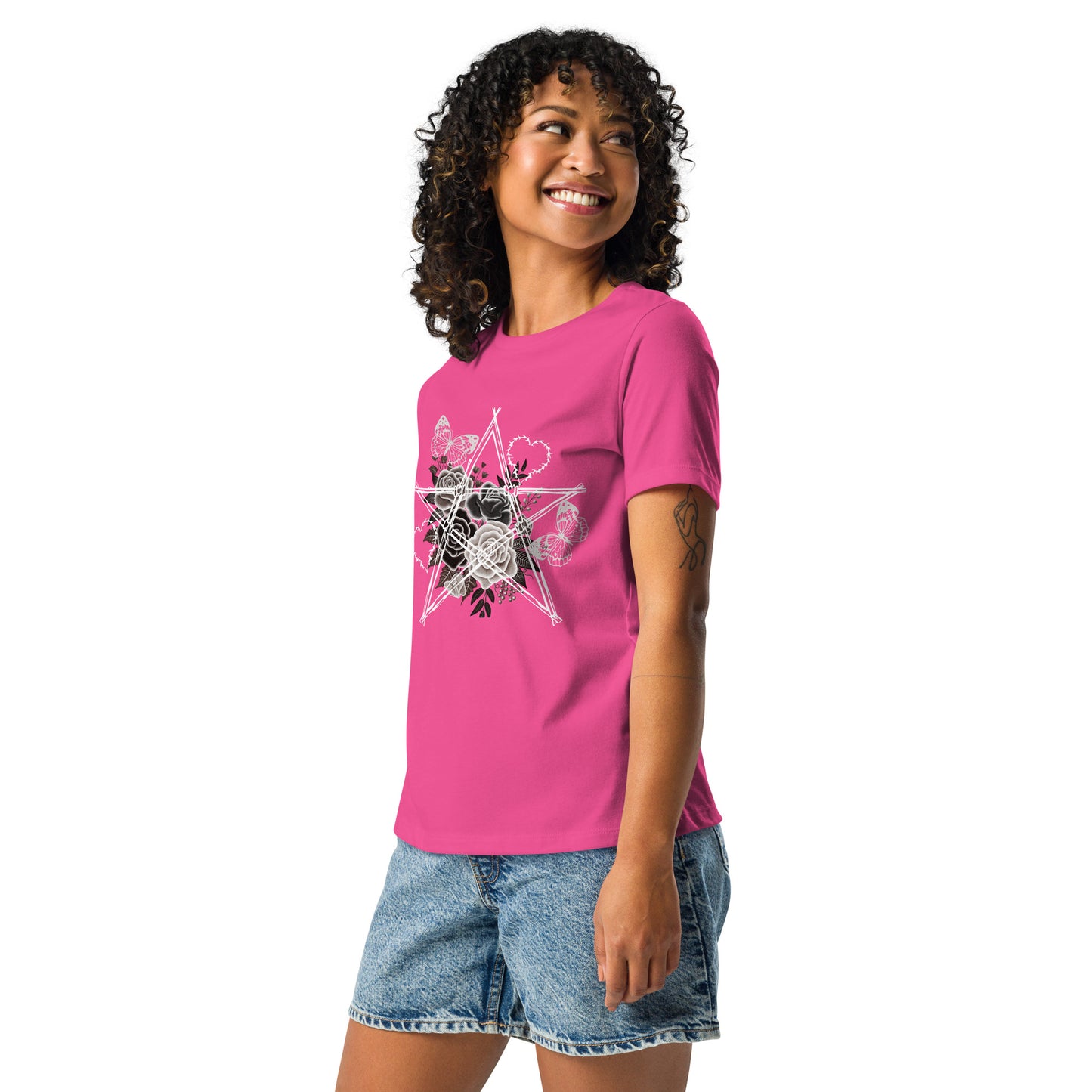 Damen T-Shirt mit Stacheldraht-Stern & Rosen – Gothic Floral Design – Lockerer Fit aus 100 % Baumwolle