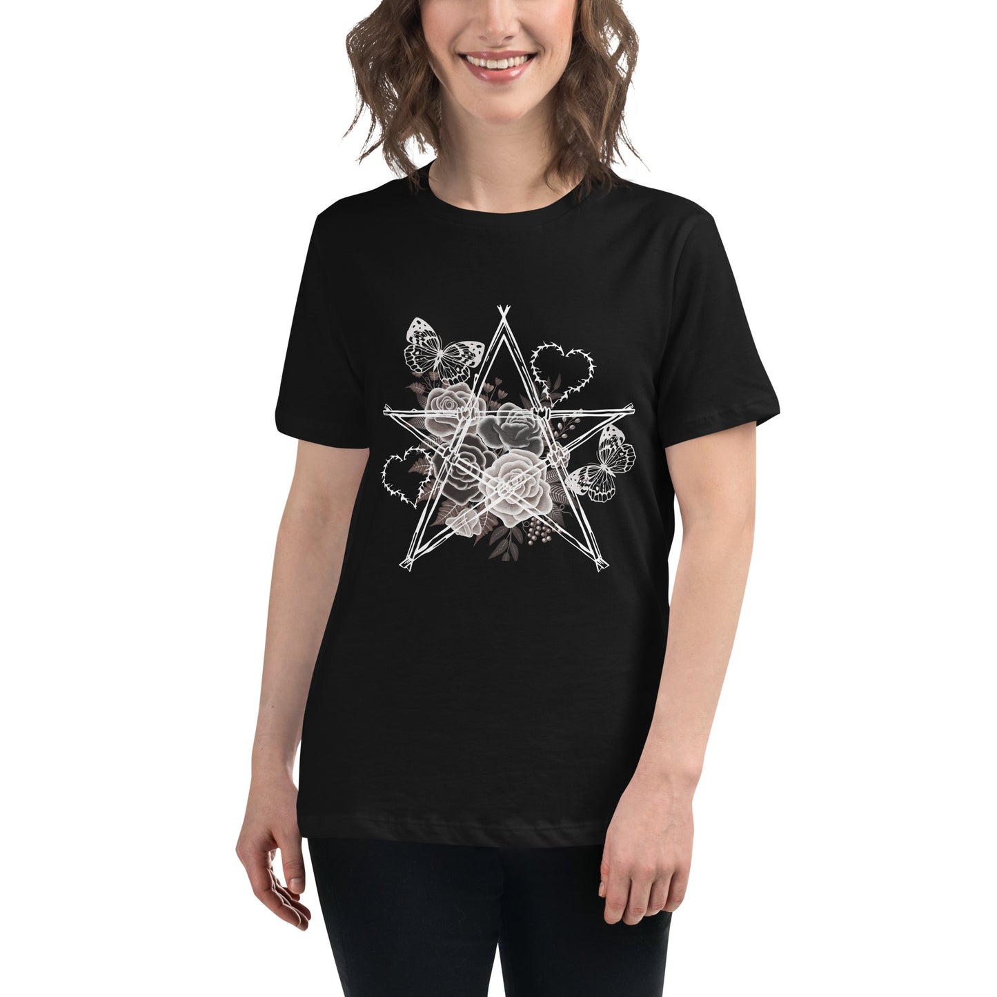 Damen T-Shirt mit Stacheldraht-Stern & Rosen – Gothic Floral Design – Lockerer Fit aus 100 % Baumwolle