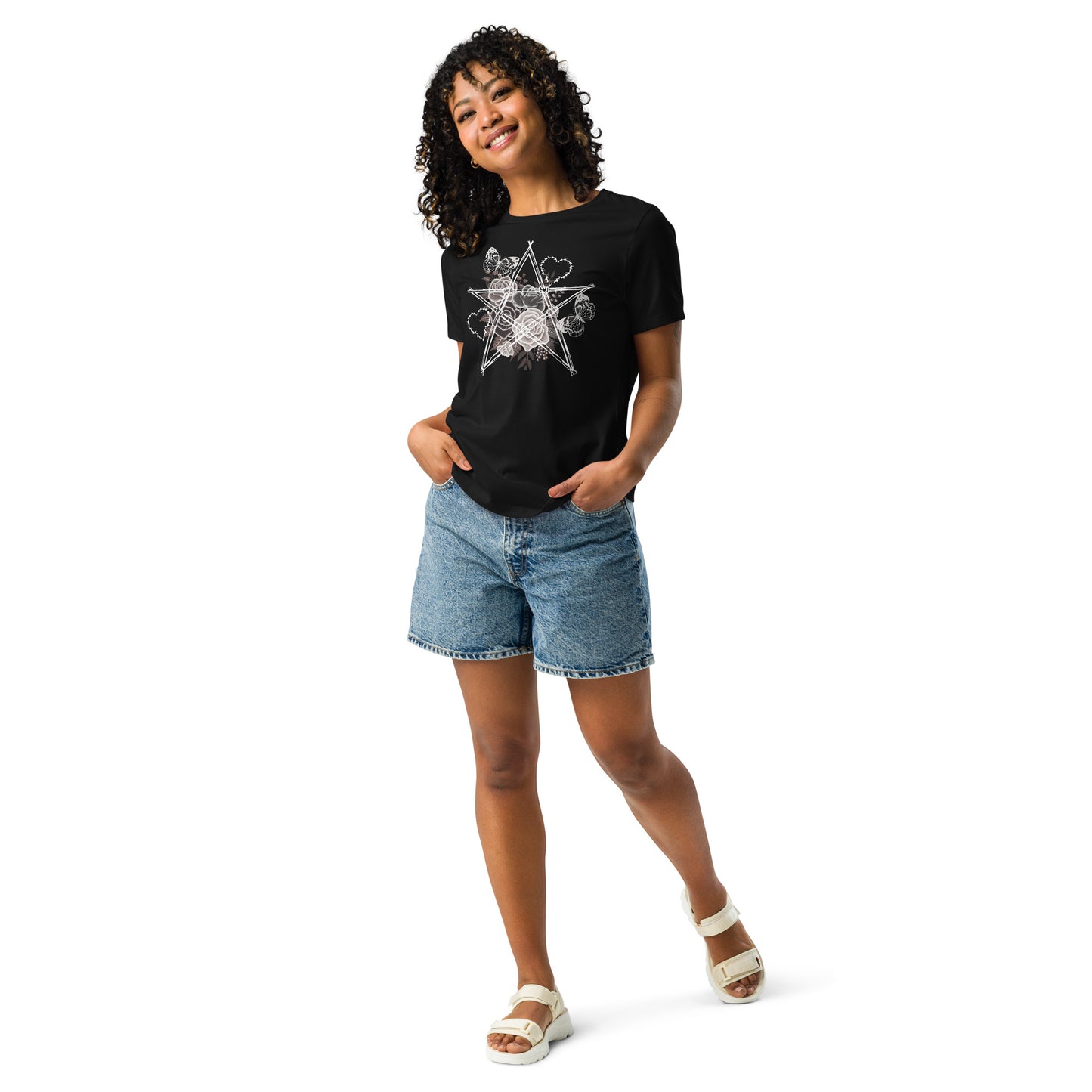 Damen T-Shirt mit Stacheldraht-Stern & Rosen – Gothic Floral Design – Lockerer Fit aus 100 % Baumwolle