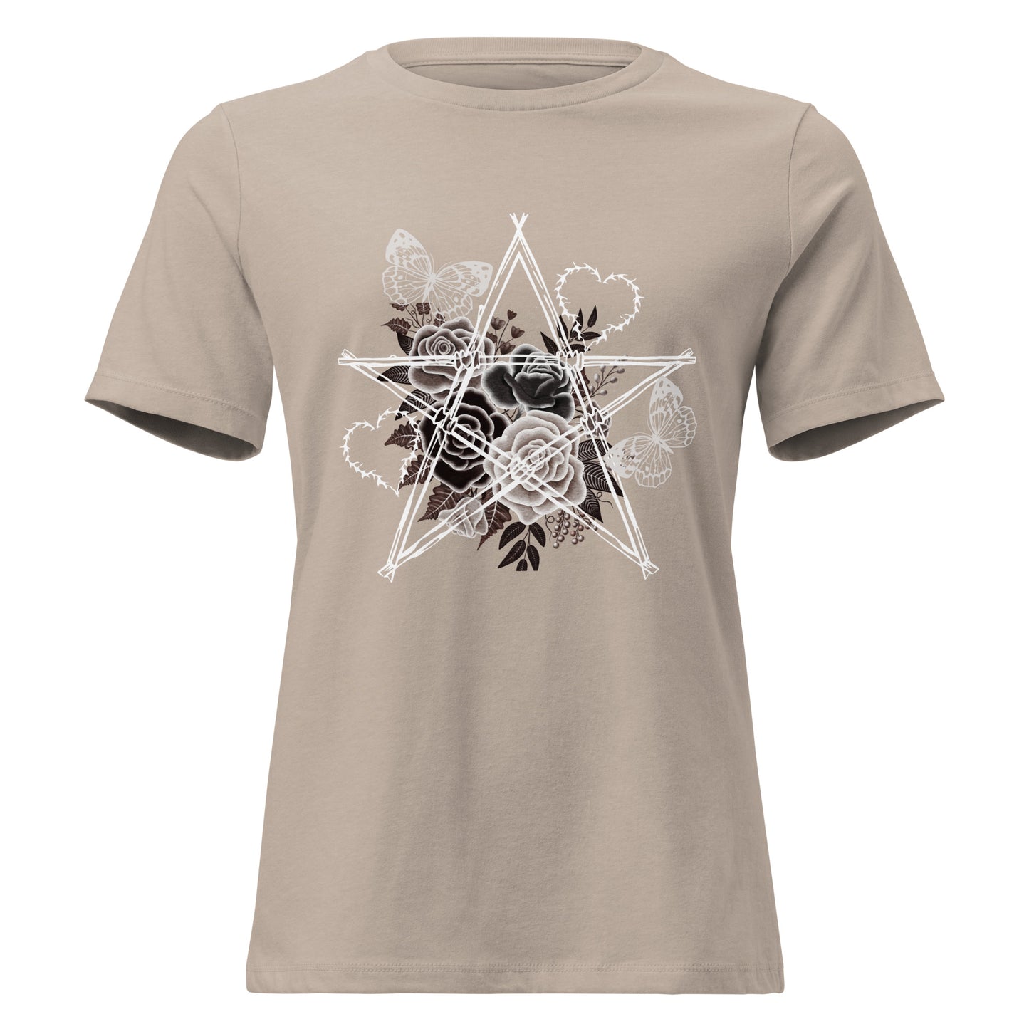 Damen T-Shirt mit Stacheldraht-Stern & Rosen – Gothic Floral Design – Lockerer Fit aus 100 % Baumwolle