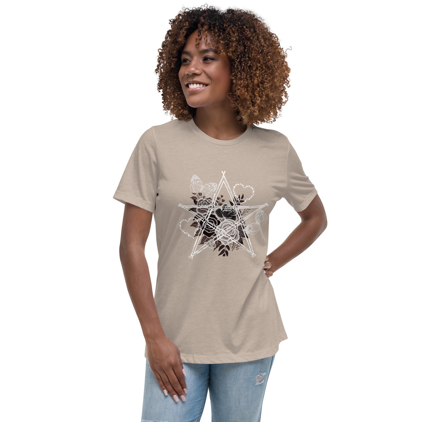Damen T-Shirt mit Stacheldraht-Stern & Rosen – Gothic Floral Design – Lockerer Fit aus 100 % Baumwolle