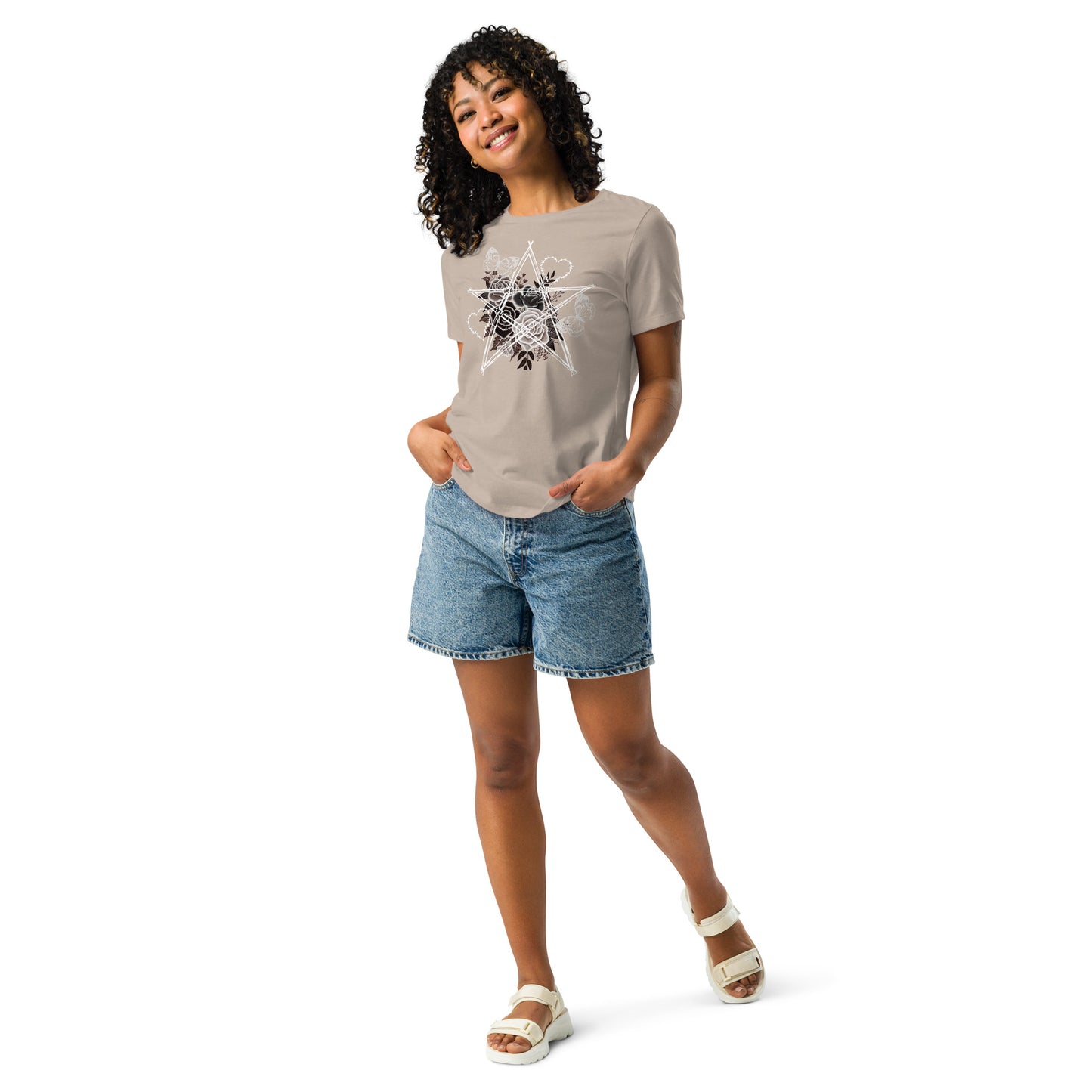 Damen T-Shirt mit Stacheldraht-Stern & Rosen – Gothic Floral Design – Lockerer Fit aus 100 % Baumwolle