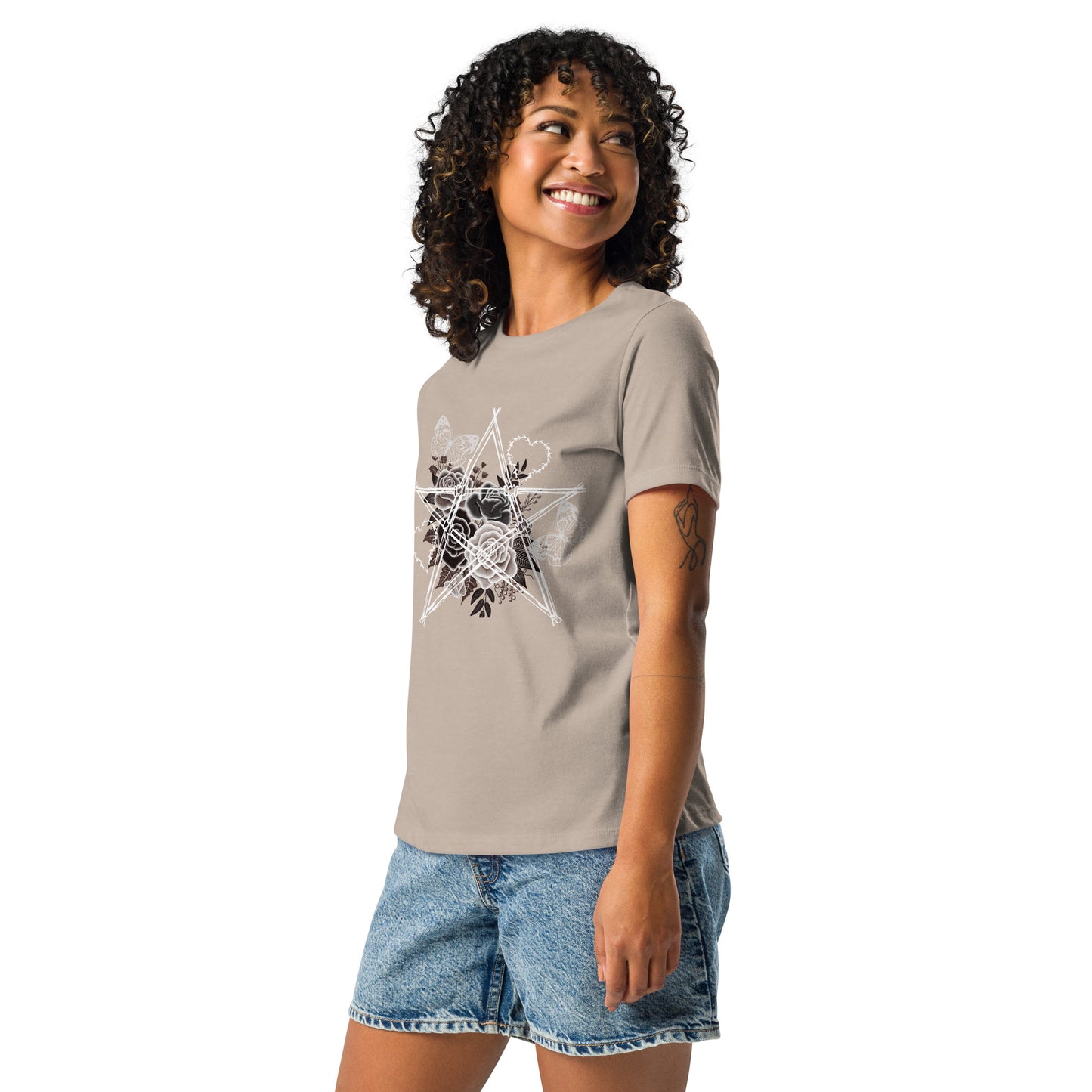 Damen T-Shirt mit Stacheldraht-Stern & Rosen – Gothic Floral Design – Lockerer Fit aus 100 % Baumwolle