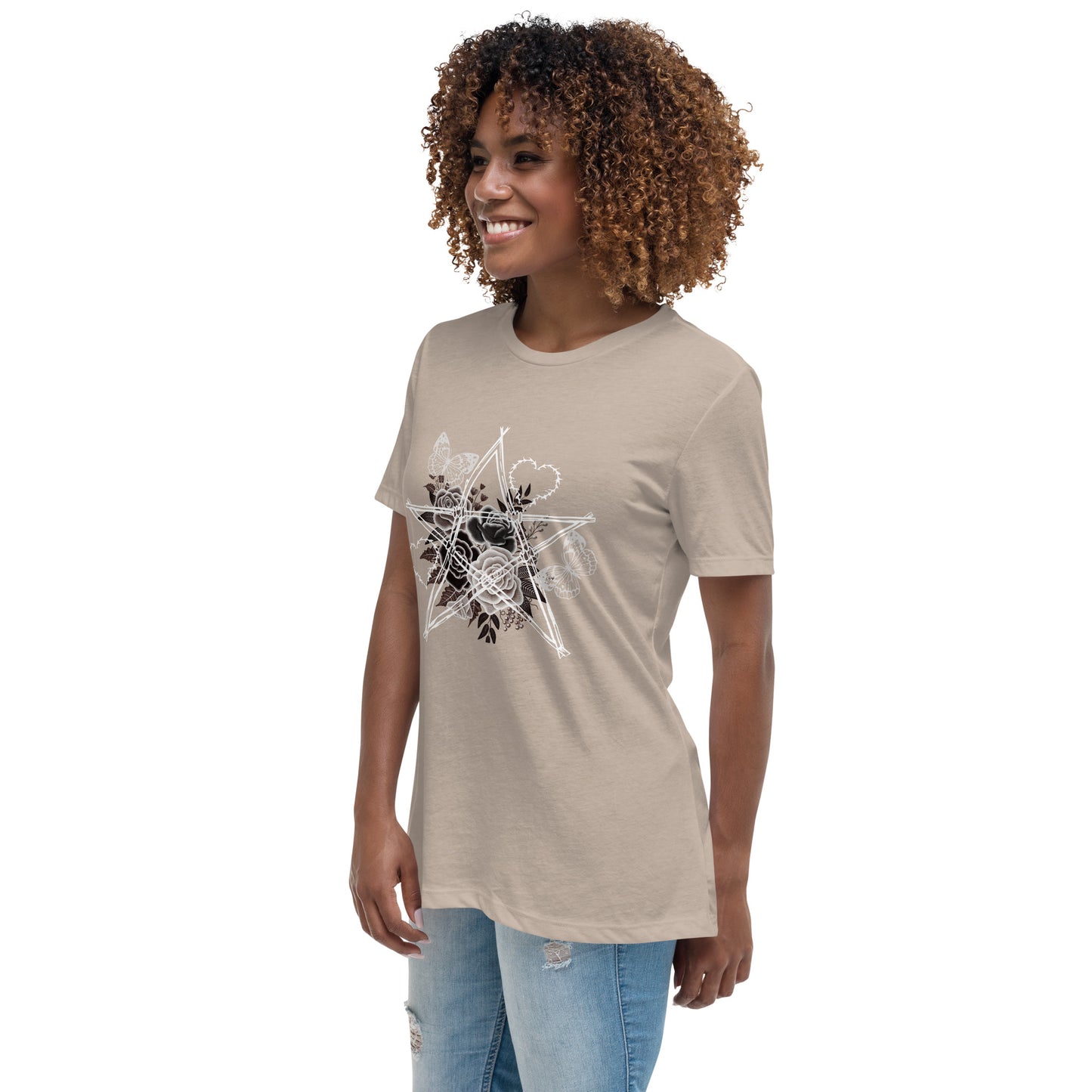 Damen T-Shirt mit Stacheldraht-Stern & Rosen – Gothic Floral Design – Lockerer Fit aus 100 % Baumwolle